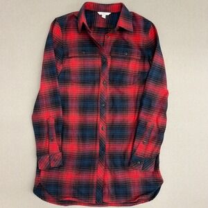 LL Bean Signature Womens XS Red Navy Blue Plaid Flannel Button Down Shirt 1889